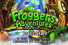 Frogger's Adventures: Temple of the Frog title screen for GameBoy Advance